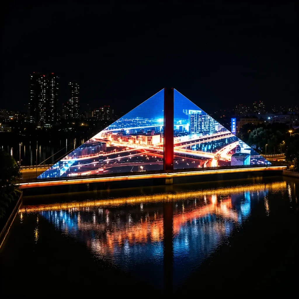 Outdoor transparent LED mesh screen project installed on bridge structure, large-size transparent display showing vivid visual content while keeping original architectural permeability for bridge and commercial facade lighting renovation