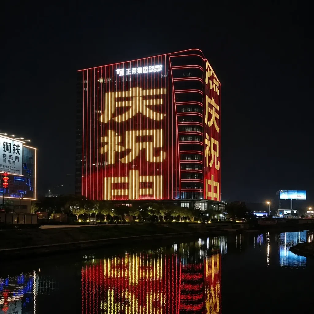 Office building staircase facade lighting project with LED linear lights, continuous linear lighting outlines building structure, forming neat modern night outline and supporting large text dynamic lighting display