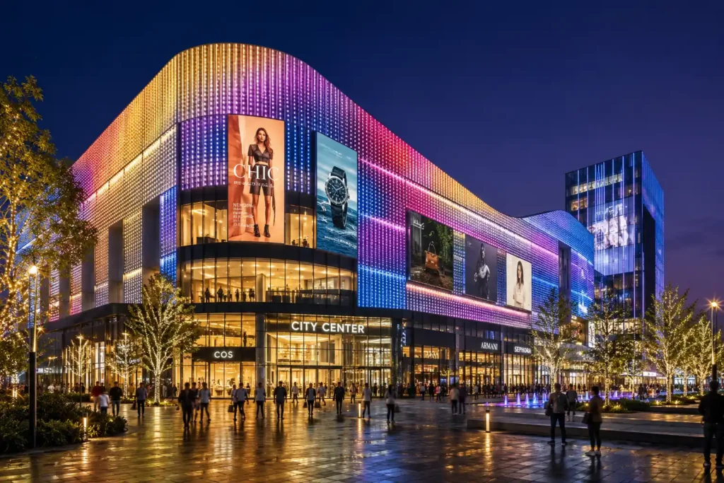 Shopping mall facade lighting solution for commercial building exterior