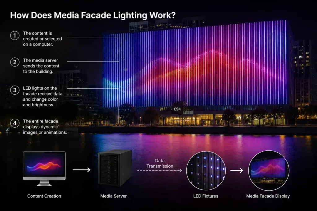 LED media facade lighting system on a commercial building showing dynamic digital display and architectural facade illumination at night.