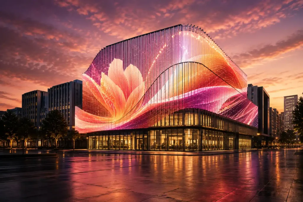 alt="LED media facade display solution for commercial buildings with dynamic architectural lighting and digital facade technology"