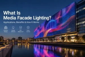 Modern commercial building showcasing media facade lighting with programmable LED pixel lights, demonstrating how media facade lighting works for dynamic architectural illumination.