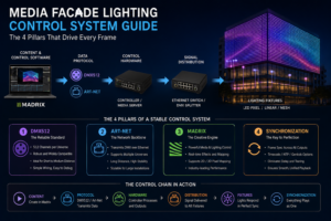 Diagram of a media facade lighting control system showing DMX512 controller, Art-Net network, Madrix software, signal transmission, and synchronized LED facade lighting fixtures.