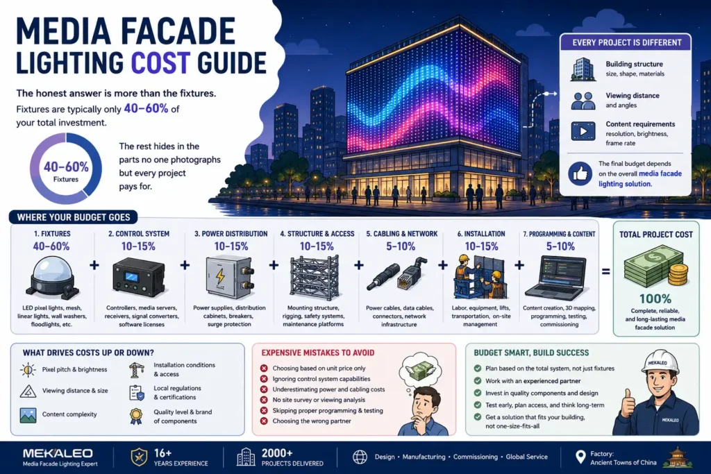 Illustrated infographic showing the cost breakdown of a media facade lighting project including fixtures, control systems, power distribution, installation and programming costs.