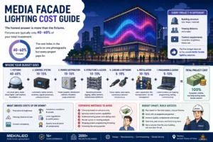 Illustrated infographic showing the cost breakdown of a media facade lighting project including fixtures, control systems, power distribution, installation and programming costs.