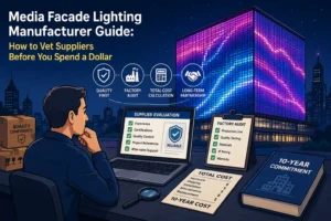 Cartoon illustration showing a buyer evaluating a media facade lighting manufacturer through factory audits, quality control checks, supplier verification, and long-term cost analysis.
