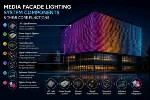 Diagram showing the core components of a media facade lighting system, including LED pixel lights, LED mesh screens, controllers, power supplies, signal cables, and software.