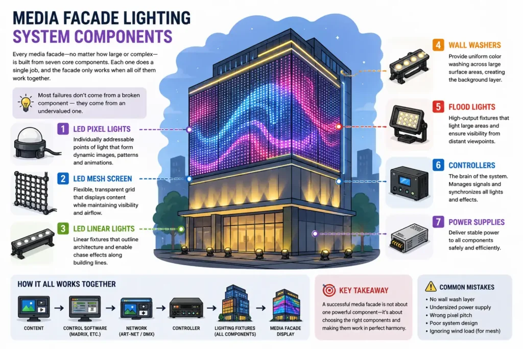 Illustrated guide showing the seven core components of a media facade lighting system including LED pixel lights, mesh screens, linear lights, wall washers, flood lights, controllers and power supplies.