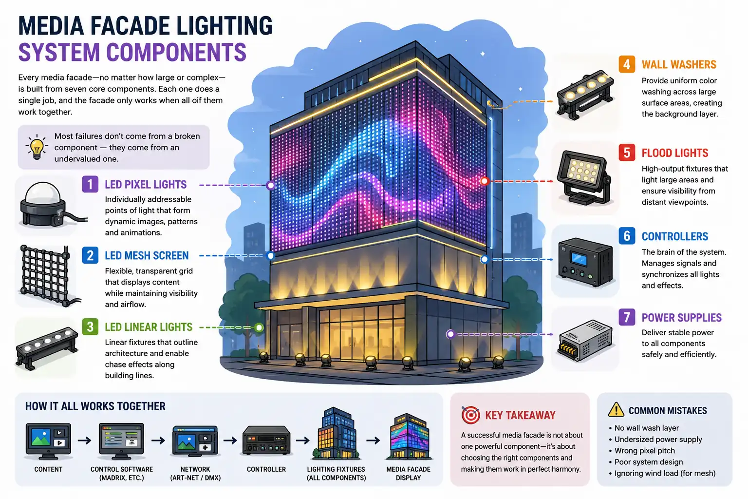 Illustrated guide showing the seven core components of a media facade lighting system including LED pixel lights, mesh screens, linear lights, wall washers, flood lights, controllers and power supplies.