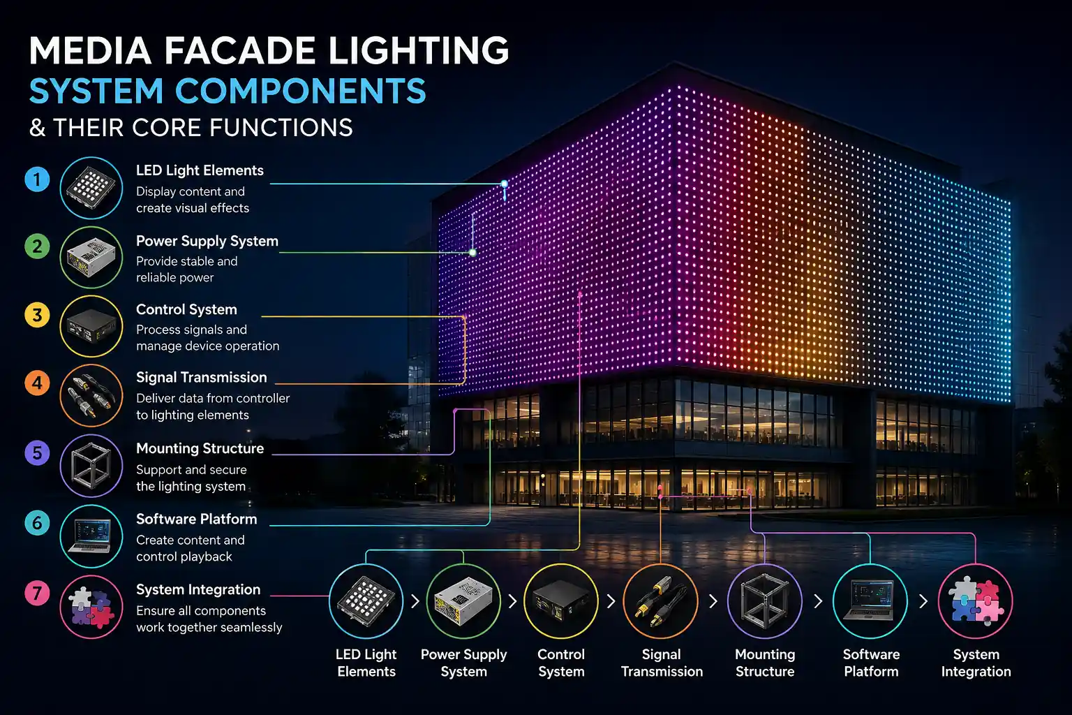 Diagram showing the core components of a media facade lighting system, including LED pixel lights, LED mesh screens, controllers, power supplies, signal cables, and software.