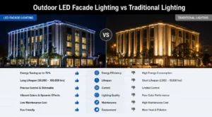 Outdoor LED facade lighting compared with traditional building lighting, showing higher energy efficiency, longer lifespan, lower maintenance, and better lighting control for modern architectural facades.