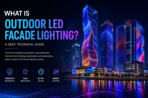 Outdoor LED facade lighting on modern commercial buildings showing dynamic architectural illumination at night.