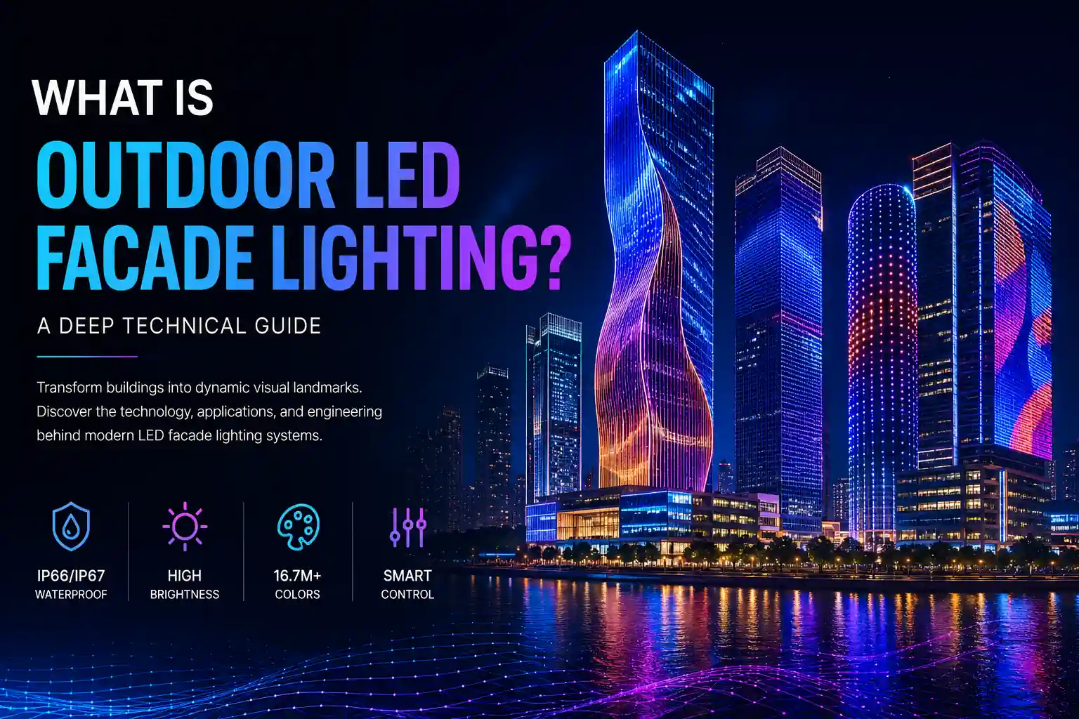 Outdoor LED facade lighting on modern commercial buildings showing dynamic architectural illumination at night.