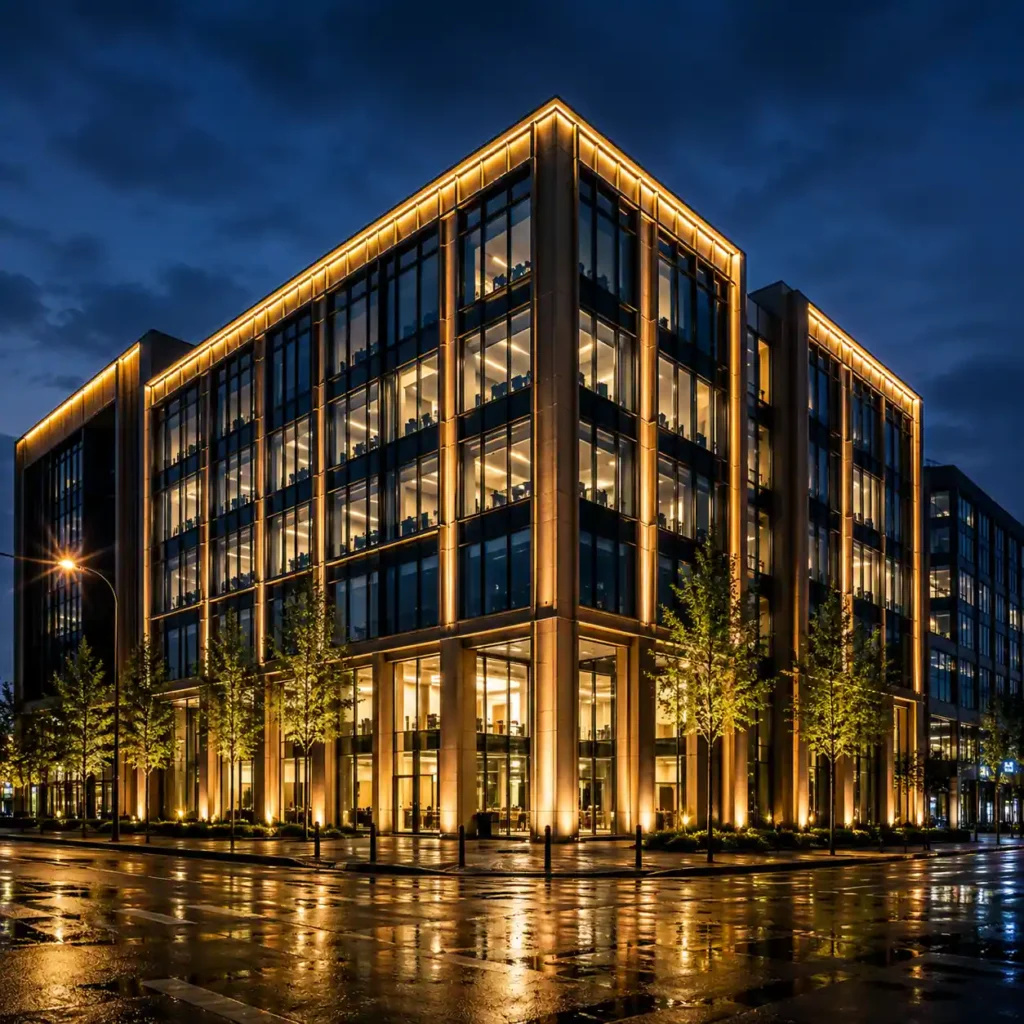 facade lighting modern office building night